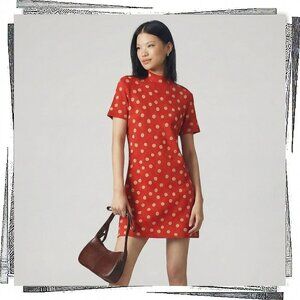 NWT: Red w Taupe Polka Dots Short Sleeve Mock Neck Mod Sweater Mini Dress (SP)